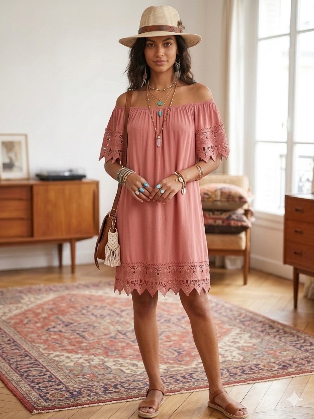 Iris Off Shoulder Shift Dress Sz L Dusty Rose Crochet Lace Trim Boho